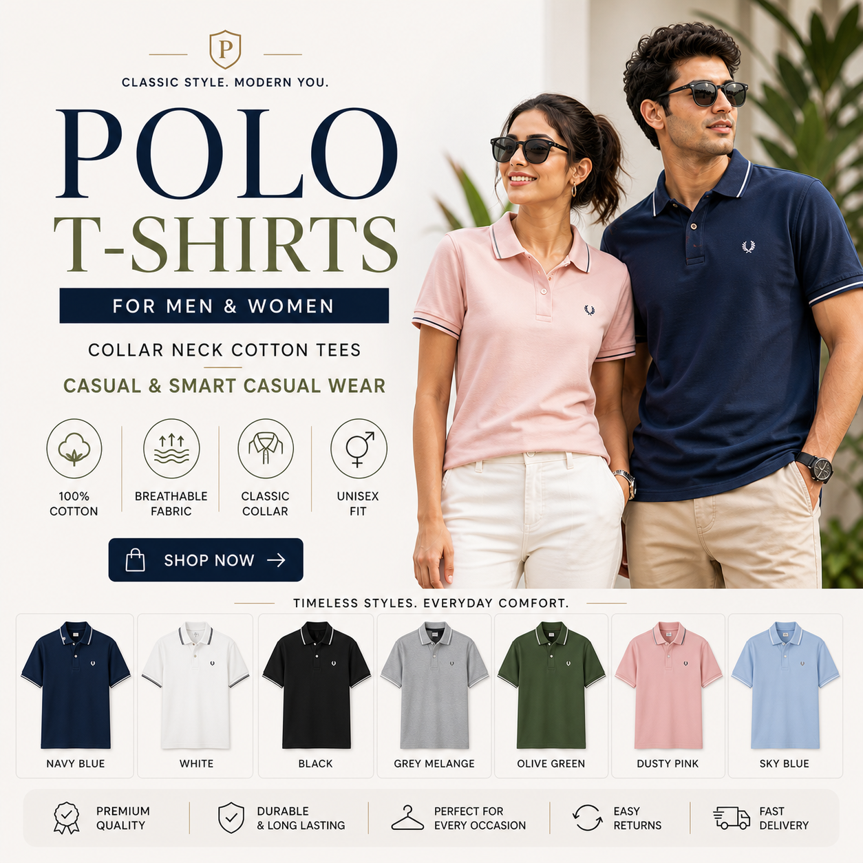 Zip Neck Polo T-Shirt | Half Sleeve Collar Tee