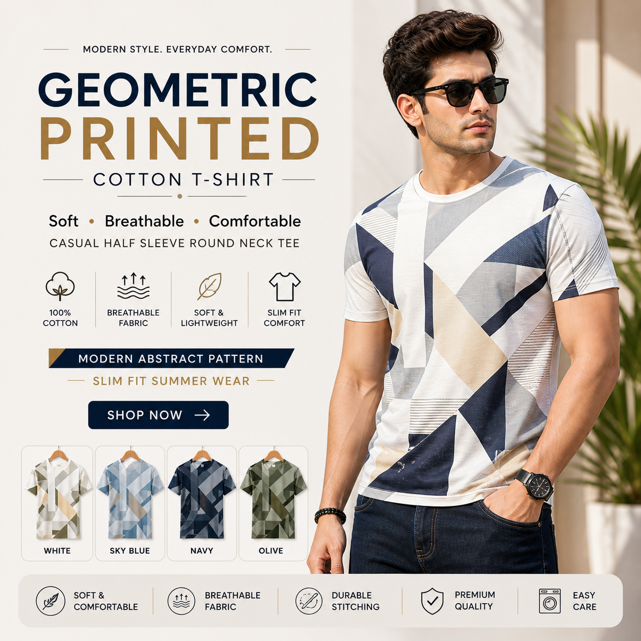 Geometric Printed Cotton T-Shirt | Soft Breathable Casual Half Sleeve Round Neck Tee