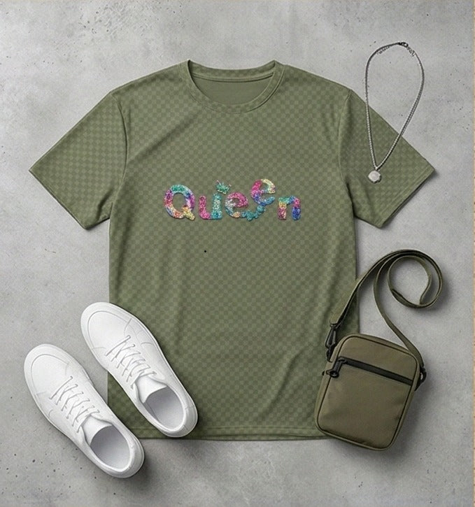 Girls Oversized Graphic T-Shirt | “Queen” Printed Cotton green 1