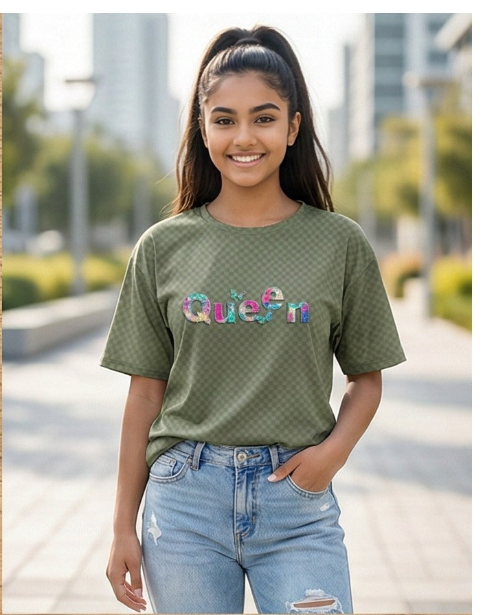 Girls Oversized Graphic T-Shirt | “Queen” Printed Cotton 4