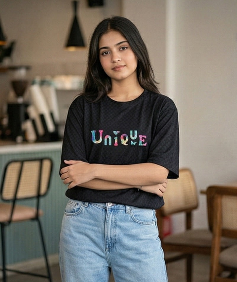 Girls Oversized Graphic T-Shirt | “Unique” Printed Cotton 6